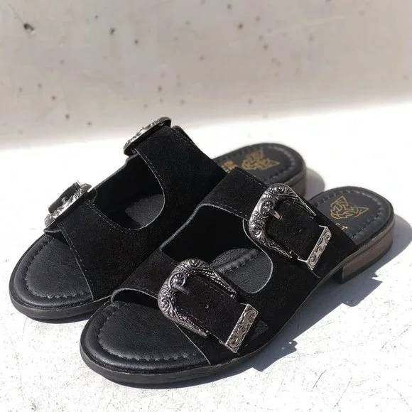 NEW Black Faux Suede Western Metal Buckled Straps Slides Slip On Sandals Shoes - Picture 2 of 12